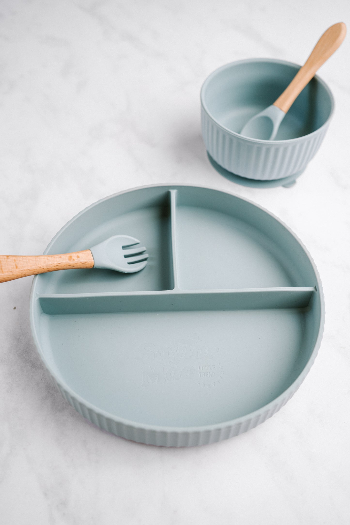 Saylor Mae Silicone Ribbed Suction Plate with Spork - Quail Blue