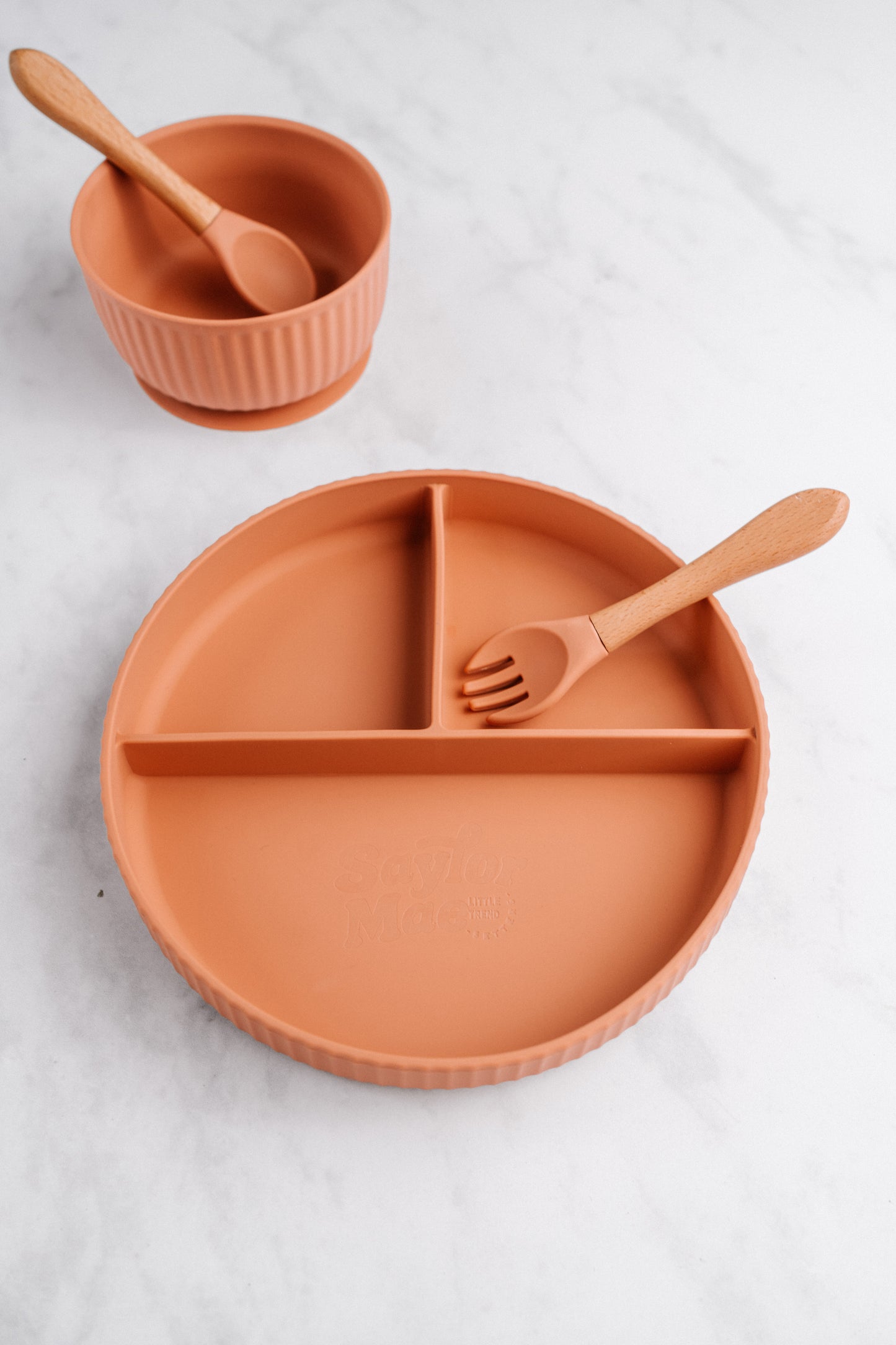 Saylor Mae Silicone Ribbed Suction Plate with Spork - Toffee Coral