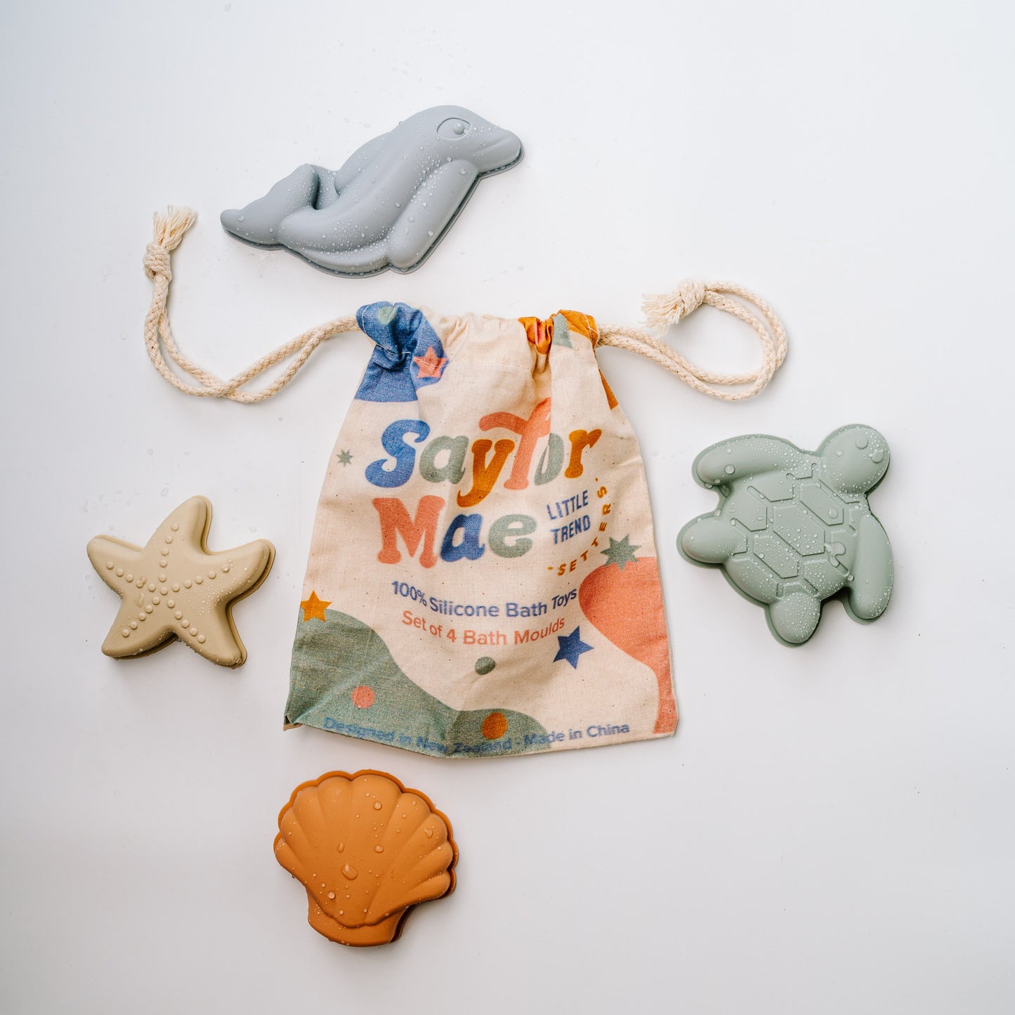 Saylor Mae Silicone Bath Toys - Pastel Sea (Set of 4 plus storage bag)