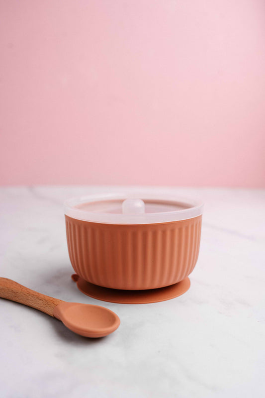 Saylor Mae Silicone Ribbed Suction Bowl with Lid and Spoon - Toffee Coral