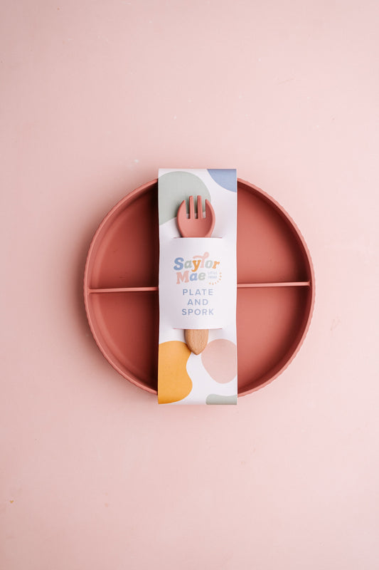 Saylor Mae Silicone Ribbed Suction Plate with Spork - Sunday Rose