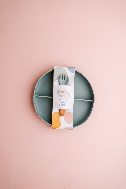 Saylor Mae Silicone Ribbed Suction Plate with Spork - Quail Blue