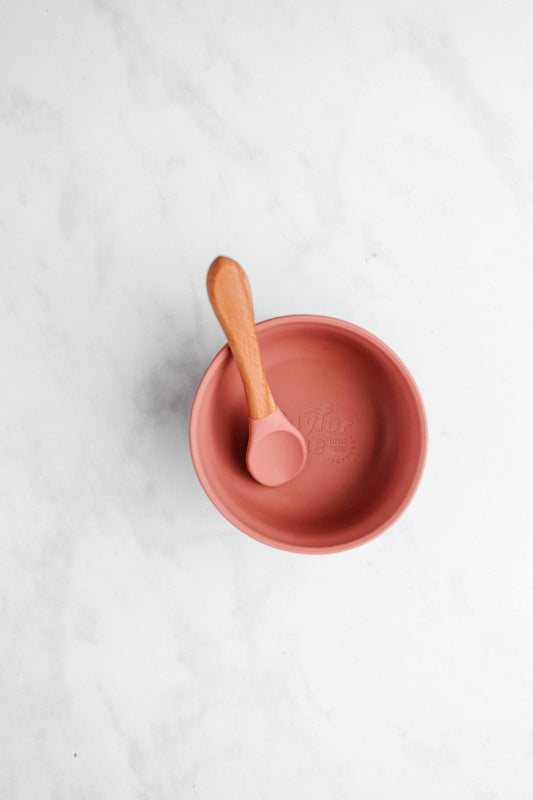 Saylor Mae Silicone Ribbed Suction Bowl with Lid and Spoon - Sunday Rose