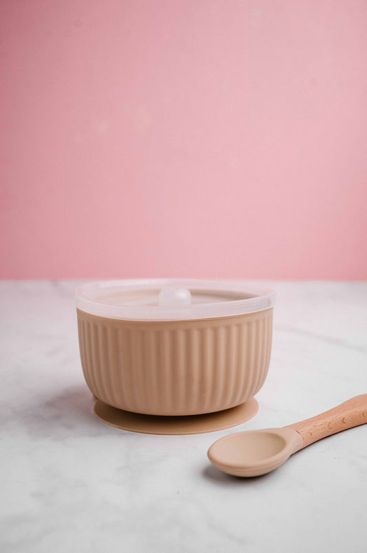 Saylor Mae Silicone Ribbed Suction Bowl with Lid and Spoon - Sandy Linen