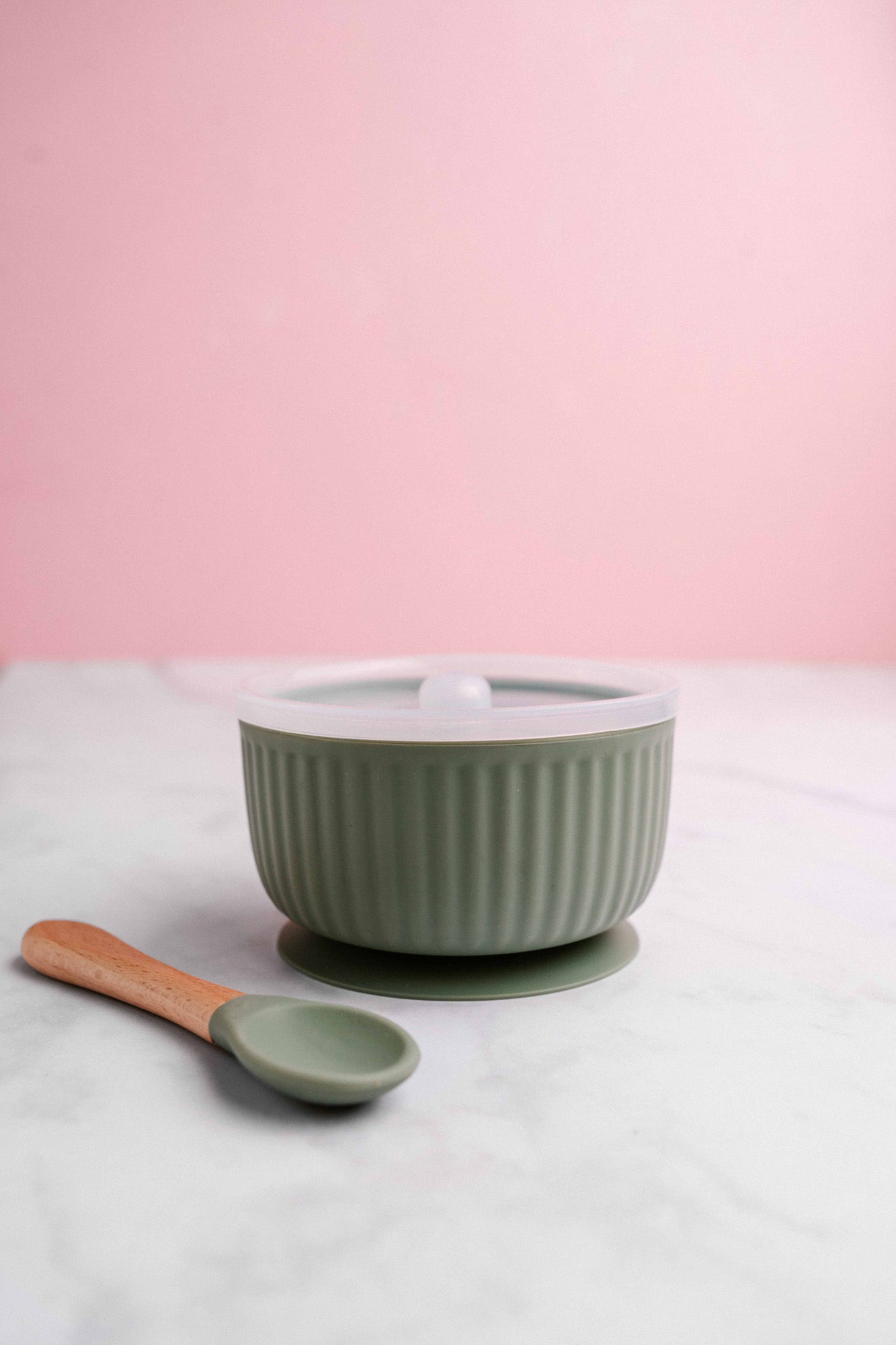 Saylor Mae Silicone Ribbed Suction Bowl with Lid and Spoon - Pistachio Sage