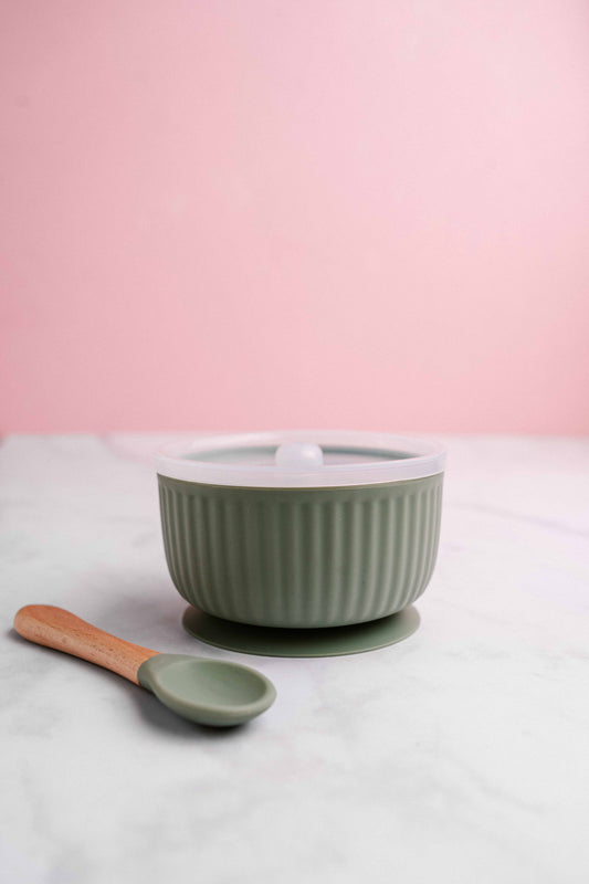 Saylor Mae Silicone Ribbed Suction Bowl with Lid and Spoon - Pistachio Sage