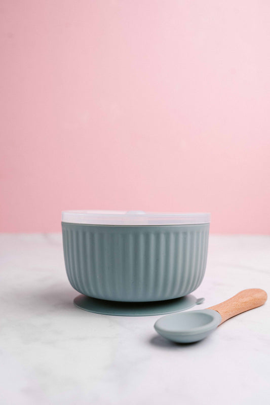 Saylor Mae Silicone Ribbed Suction Bowl with Lid and Spoon - Quail Blue