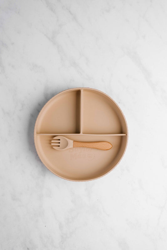 Saylor Mae Silicone Ribbed Suction Plate with Spork - Sandy Linen