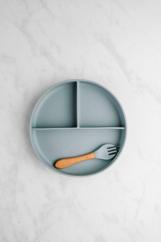 Saylor Mae Silicone Ribbed Suction Plate with Spork - Quail Blue