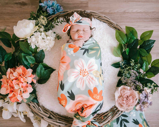 Saylor Mae Stretchy Swaddles Wrap Sets - Summer Botanicals with headband
