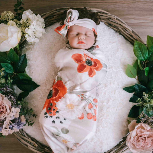 Saylor Mae Stretchy Swaddles Wrap Sets - Scarlett with headband