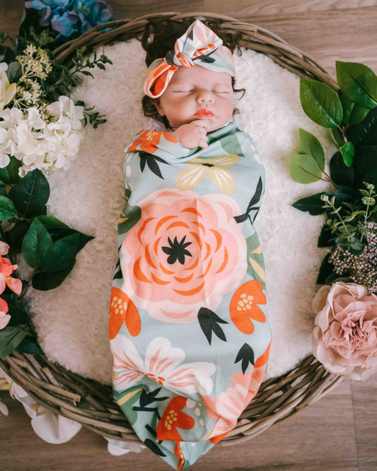Saylor Mae Swaddle Sack Sets - Summer Botanicals with headband